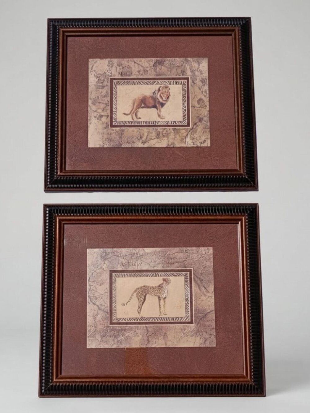 Pair of Safari Animal Prints Lion and Cheetah African Map Wooden Frames Vintage